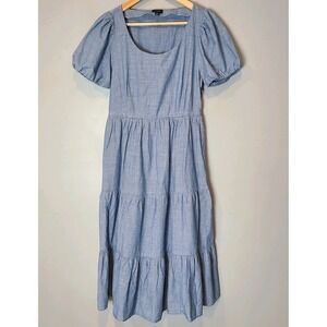 J.Crew Factory Puff Sleeve Midi Dress Chambray Tiered Sz 8 Pockets Cotton Blue